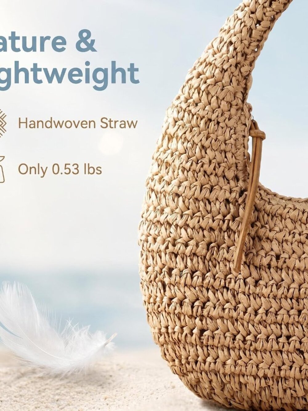 Handmade Crescent Straw Bag for Women, Summer Beach Hobo Raffia Woven Underarm H - Picture 5 of 6
